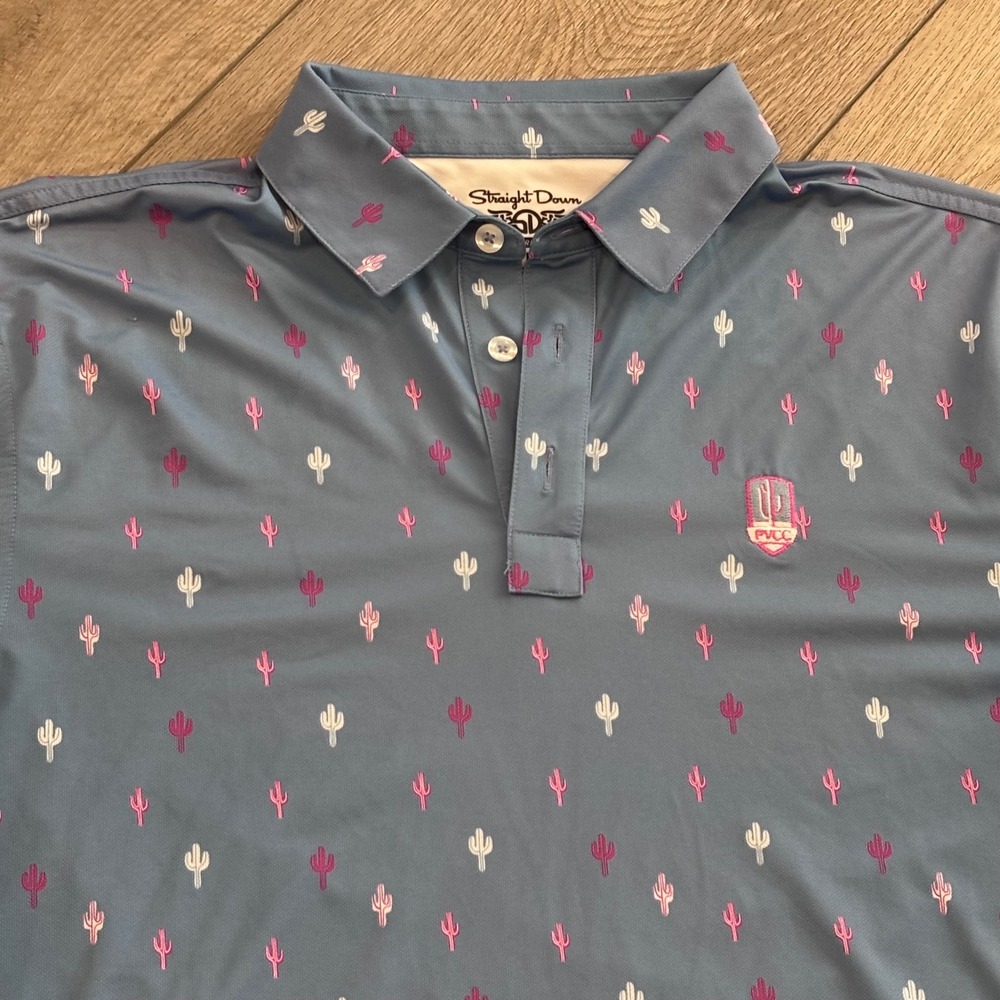 Straight Down Performance Polo Mens Large Blue Cactus Pattern Golf Preppy Casual